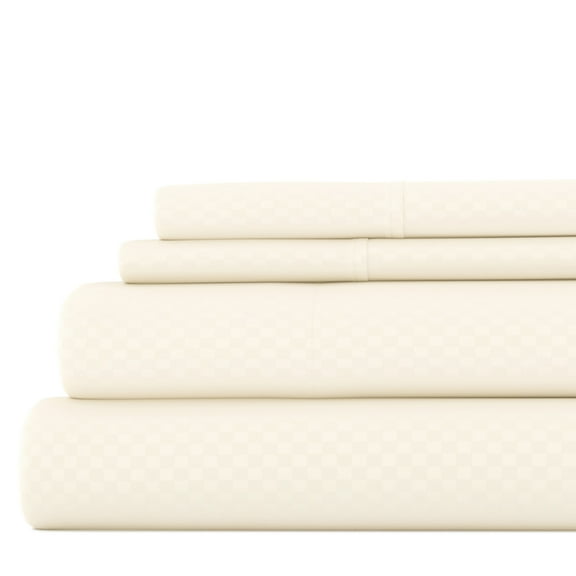 Noble Linens 4 Piece Ivory Checkered Embossed Bed Sheet Set, Twin
