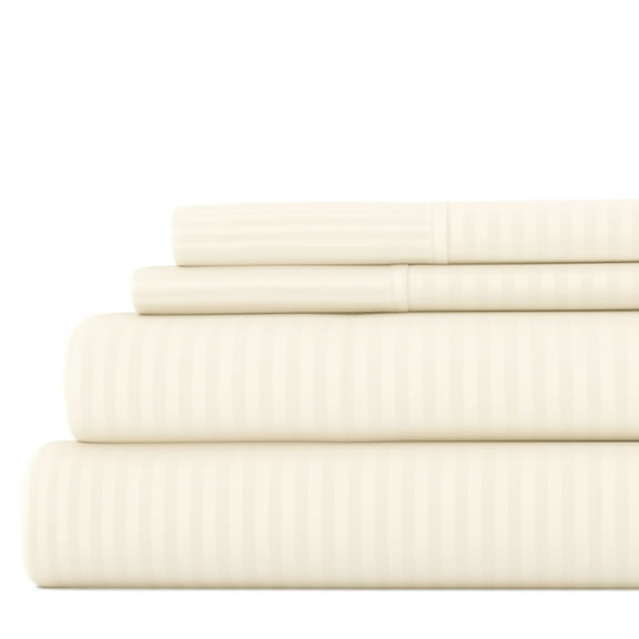 Noble Linens 4 Piece Ivory Striped Embossed Bed Sheet Set, Queen