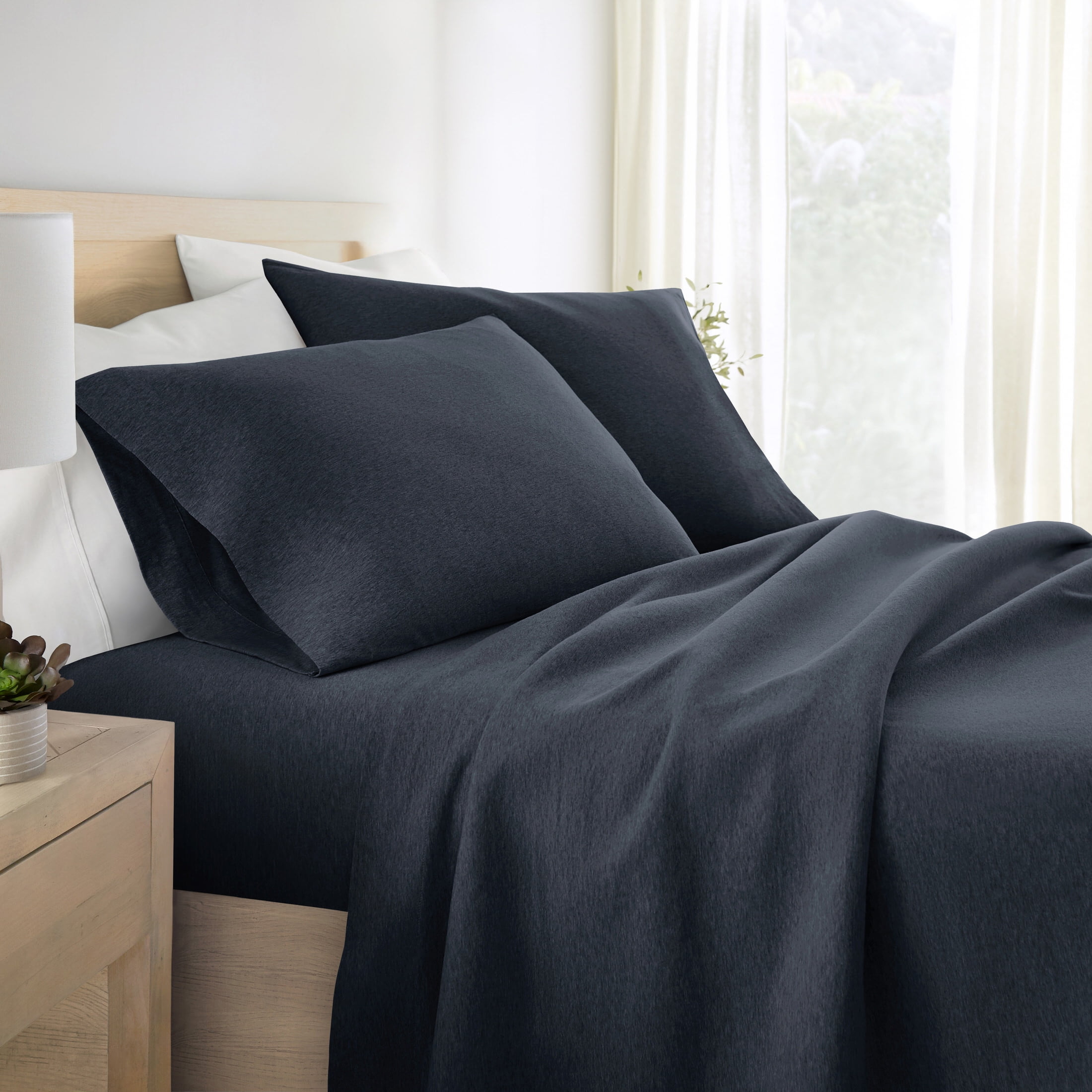 Noble Linens 4 Piece Jersey Knit 100% Cotton Sheet Set, Navy, King