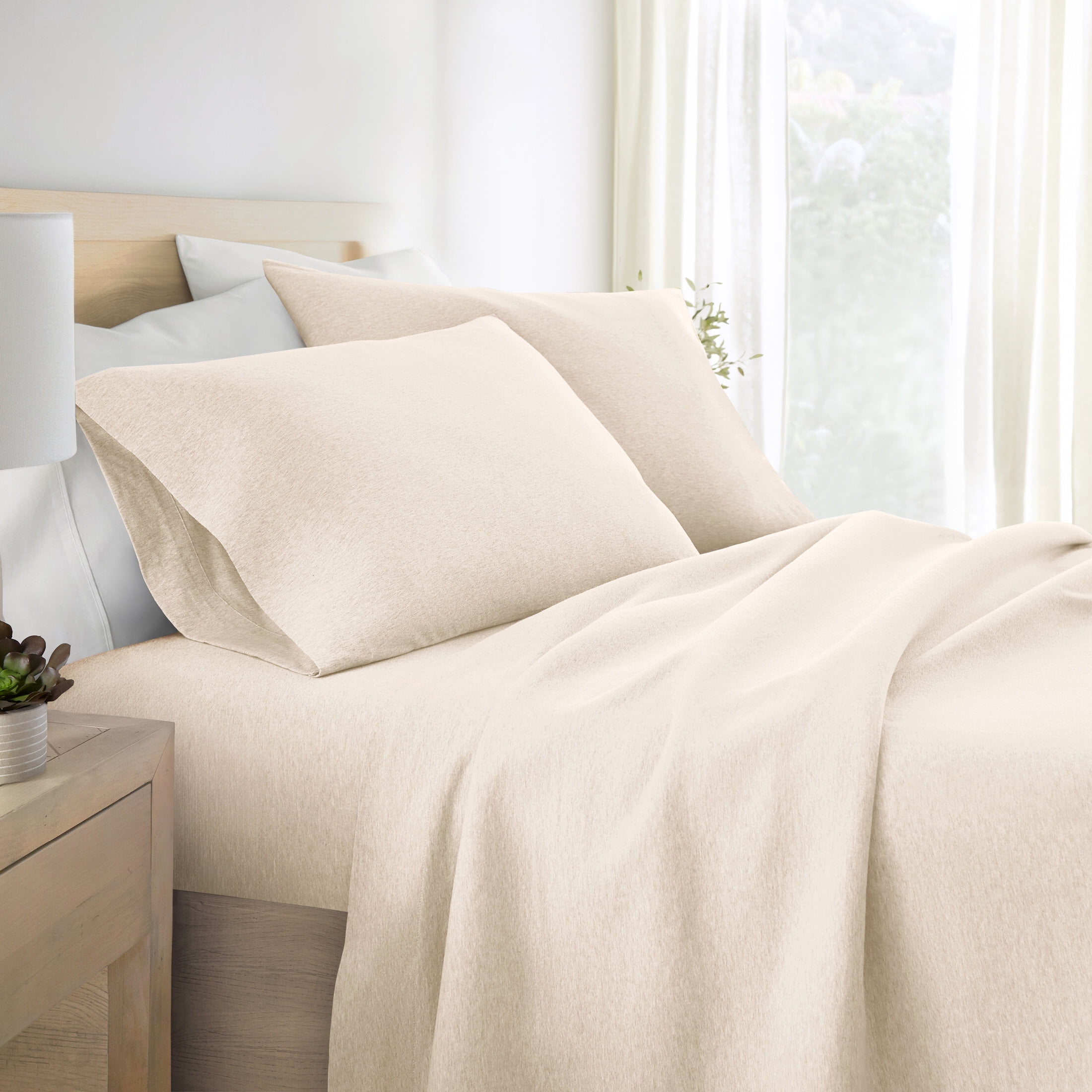 Noble Linens 4 Piece Jersey Knit 100% Cotton Sheet Set, Oatmeal, Twin