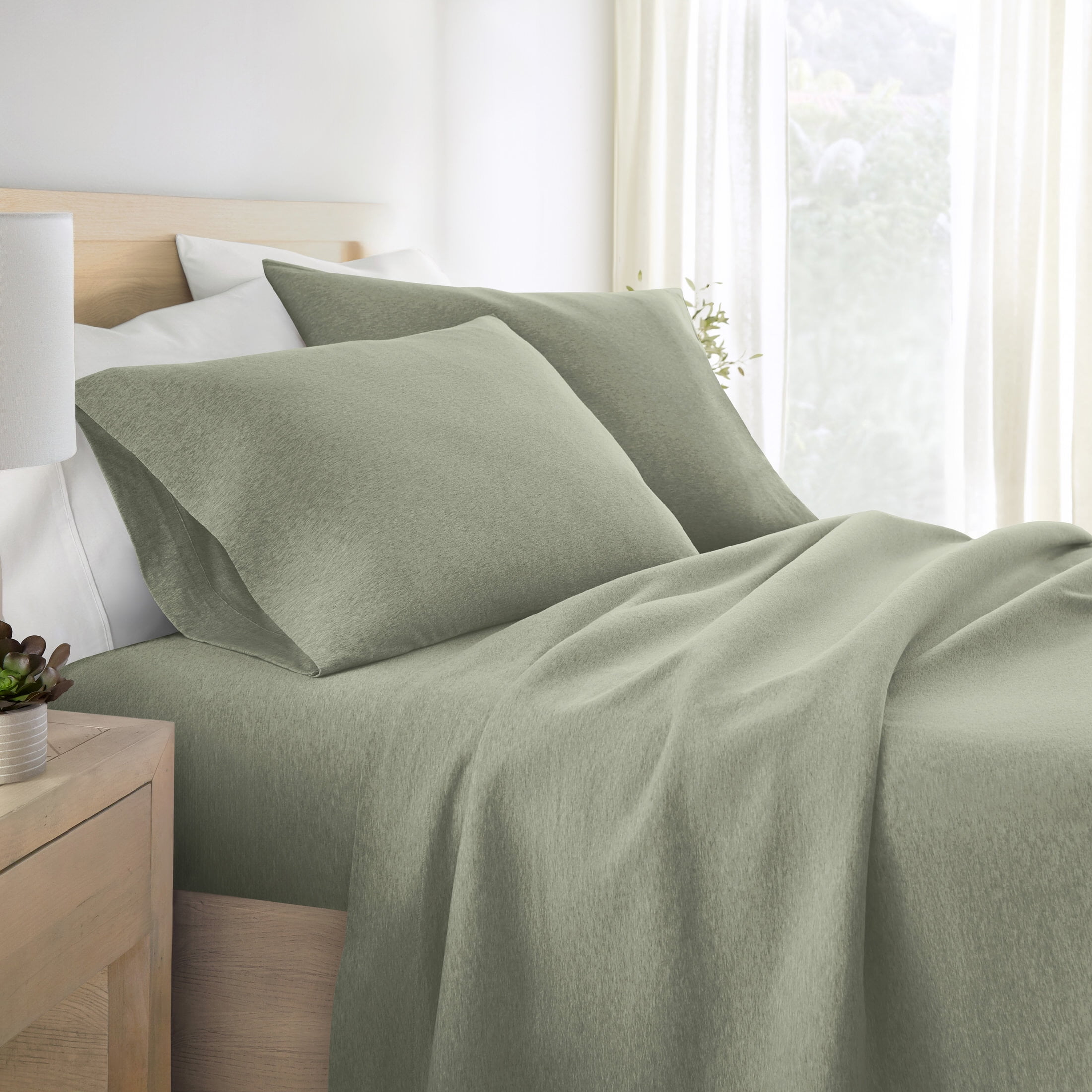 Noble Linens 4 Piece Jersey Knit 100% Cotton Sheet Set, Sage, TwinXL