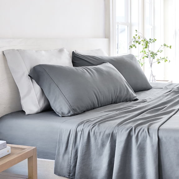 Noble Linens 4 Piece Linen Bamboo-Blend Bed Sheet Set, Gray, Full