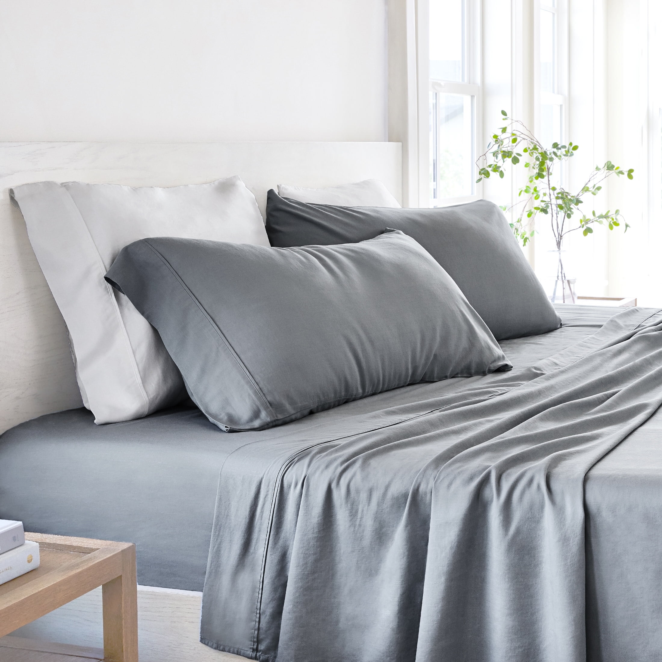 Noble Linens 4 Piece Linen Bamboo-Blend Bed Sheet Set, Gray, King