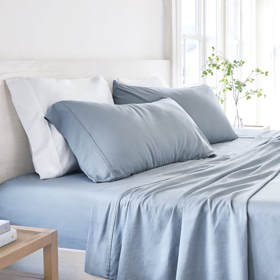 Noble Linens 4 Piece Linen Bamboo-Blend Bed Sheet Set, Light Blue, Full