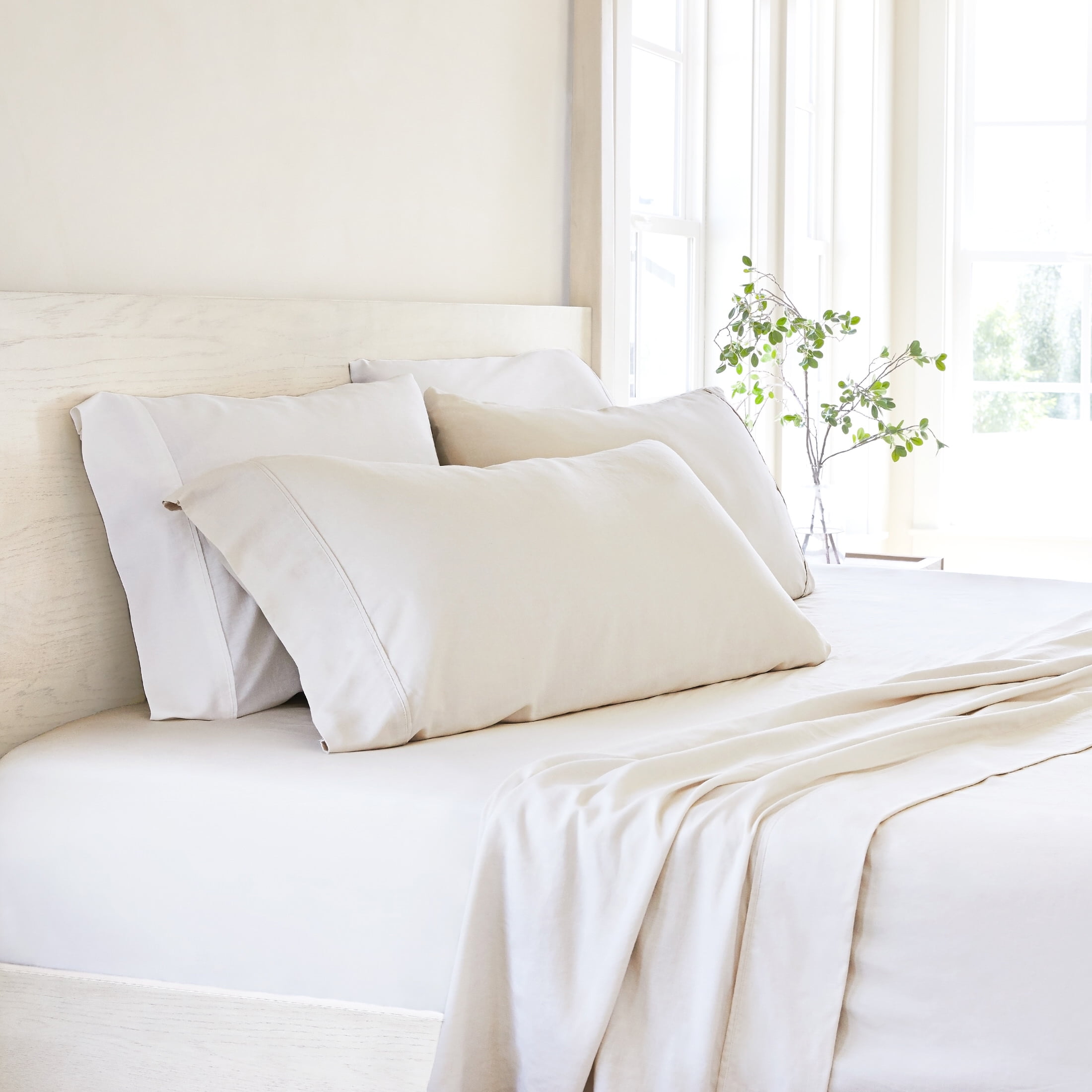 Noble Linens 4 Piece Linen Bamboo-Blend Bed Sheet Set, Natural, Twin