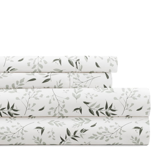 Noble Linens 4 Piece Pattern Microfiber Bed Sheets Set, Tossed Foliage Eucalyptus, Full