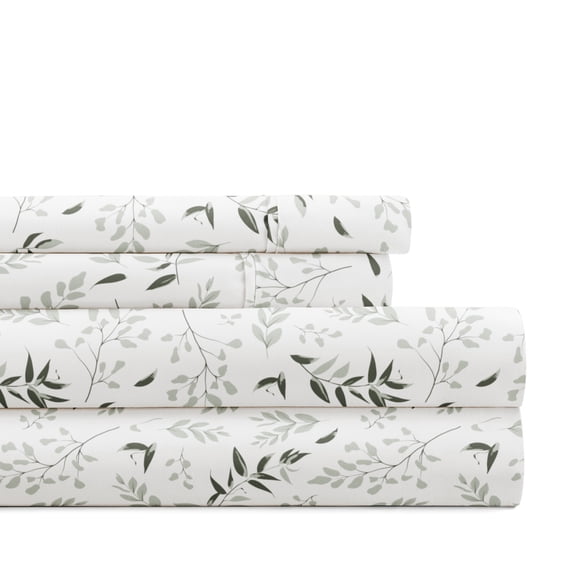 Noble Linens 4 Piece Pattern Microfiber Bed Sheets Set, Tossed Foliage Eucalyptus, King