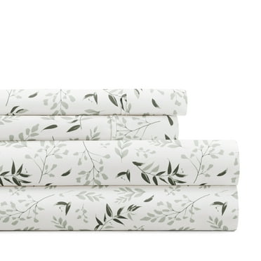 Noble Linens 4 Piece Pattern Microfiber Bed Sheets Set, Tossed Foliage Eucalyptus, Queen