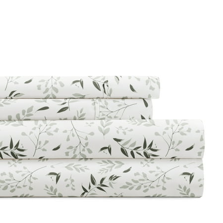 Noble Linens 4 Piece Pattern Microfiber Bed Sheets Set, Tossed Foliage Eucalyptus, Twin