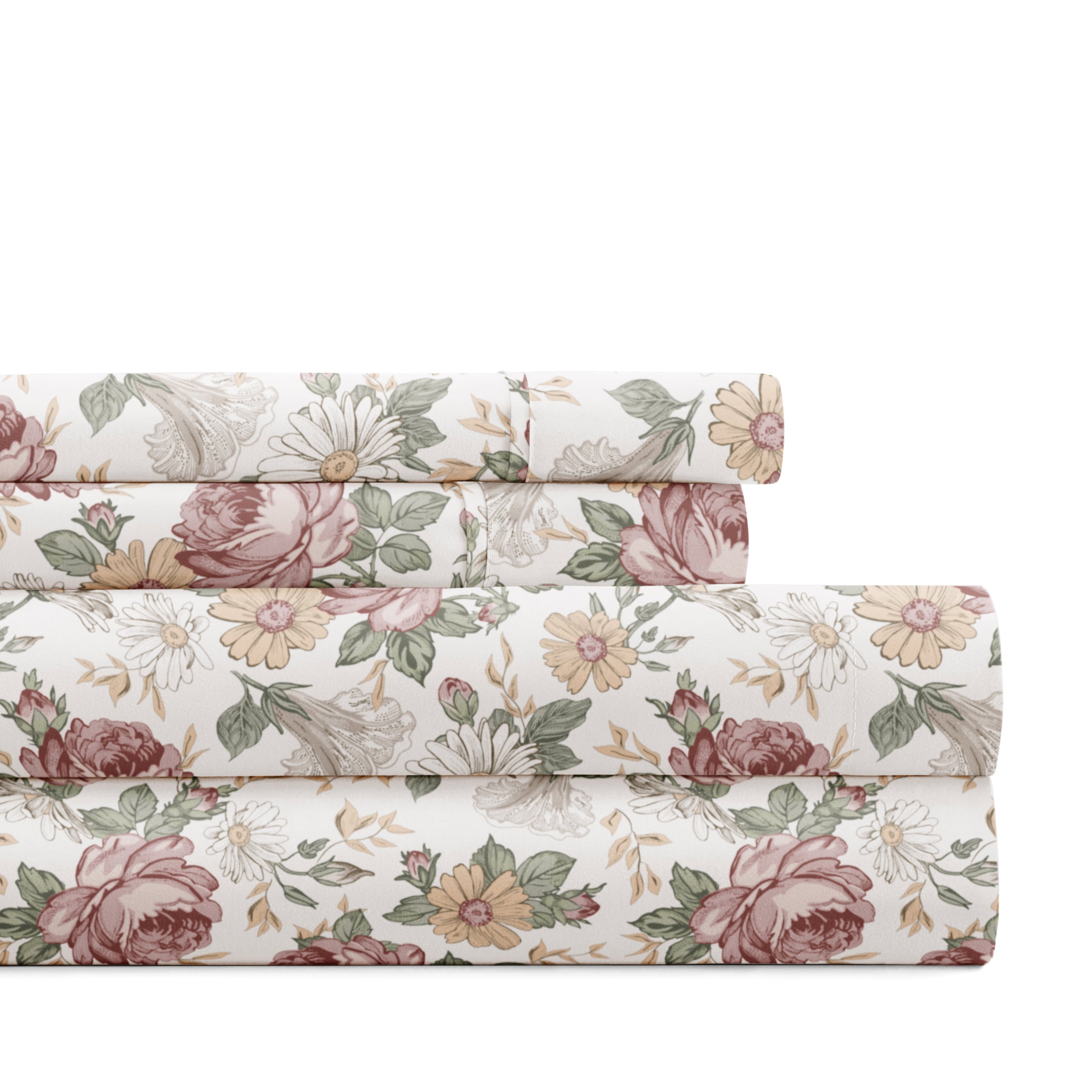 Noble Linens 4 Piece Pattern Microfiber Bed Sheets Set, Blooming Floral Rose, Full