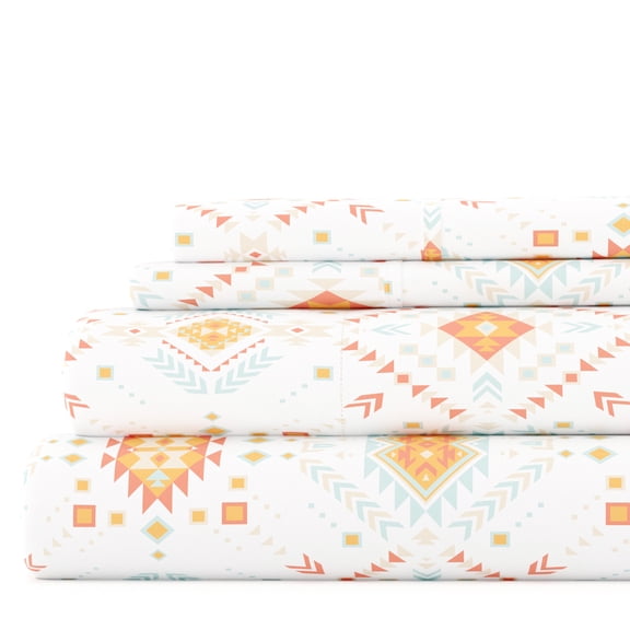 Noble Linens 4 Piece Pattern Microfiber Bed Sheets Set, Coral Aztec Dreams, Full