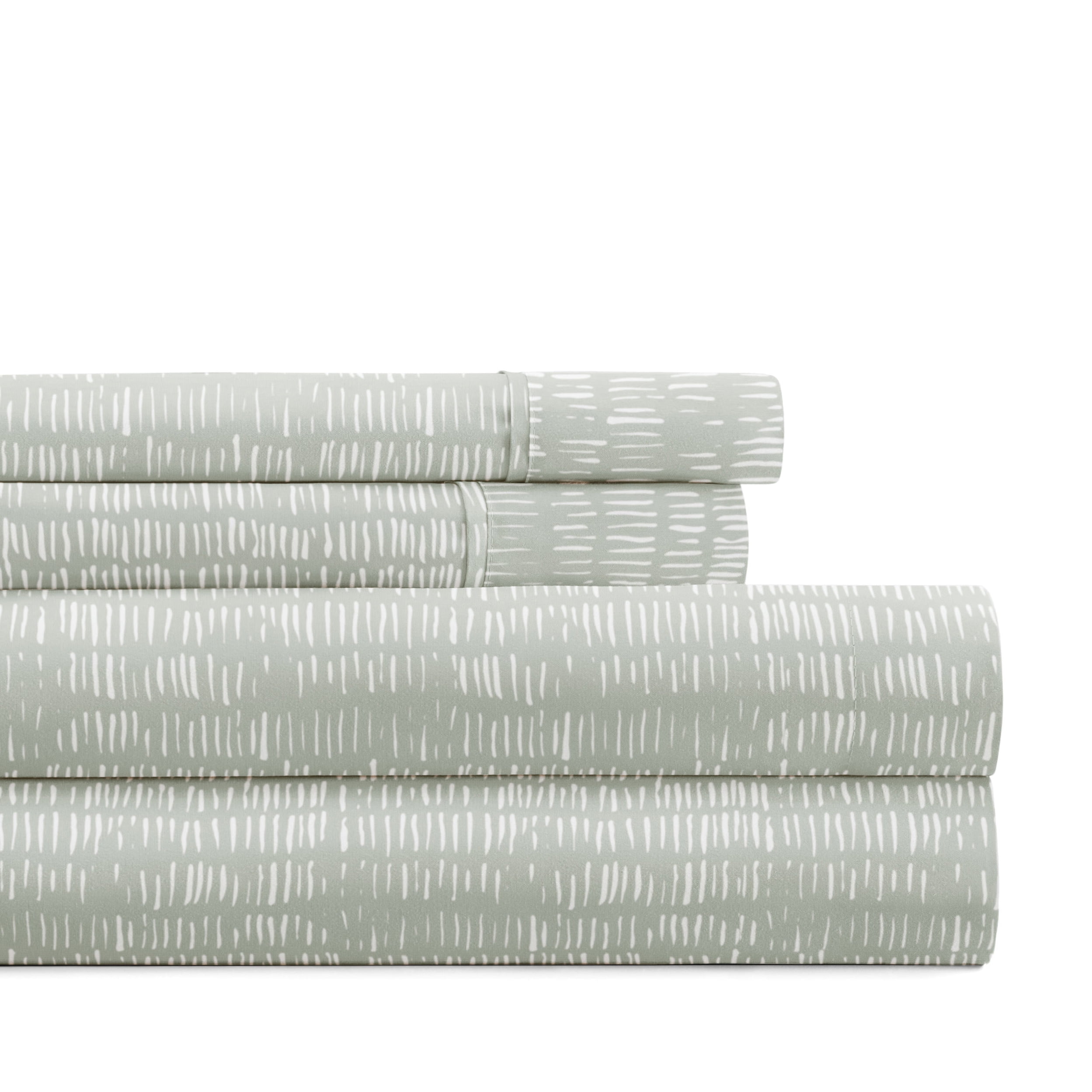 Noble Linens 4 Piece Pattern Microfiber Bed Sheets Set, Dashed Lines Green Mist , King