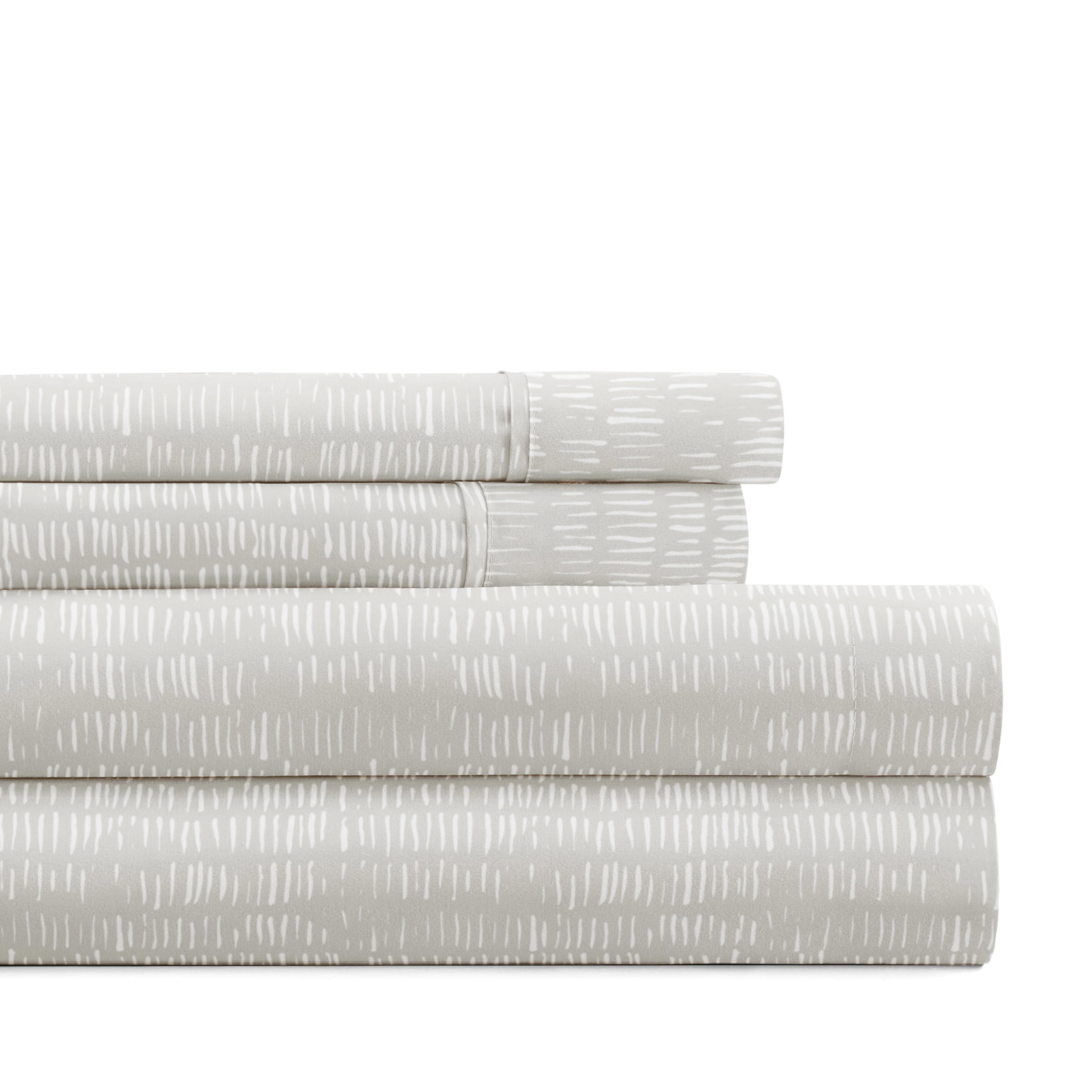 Noble Linens 4 Piece Pattern Microfiber Bed Sheets Set, Dashed Lines Light Gray, King