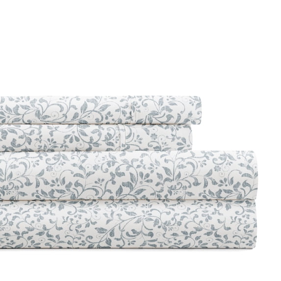 Noble Linens 4 Piece Pattern Microfiber Bed Sheets Set, Distressed Vine Dusty Blue, Full