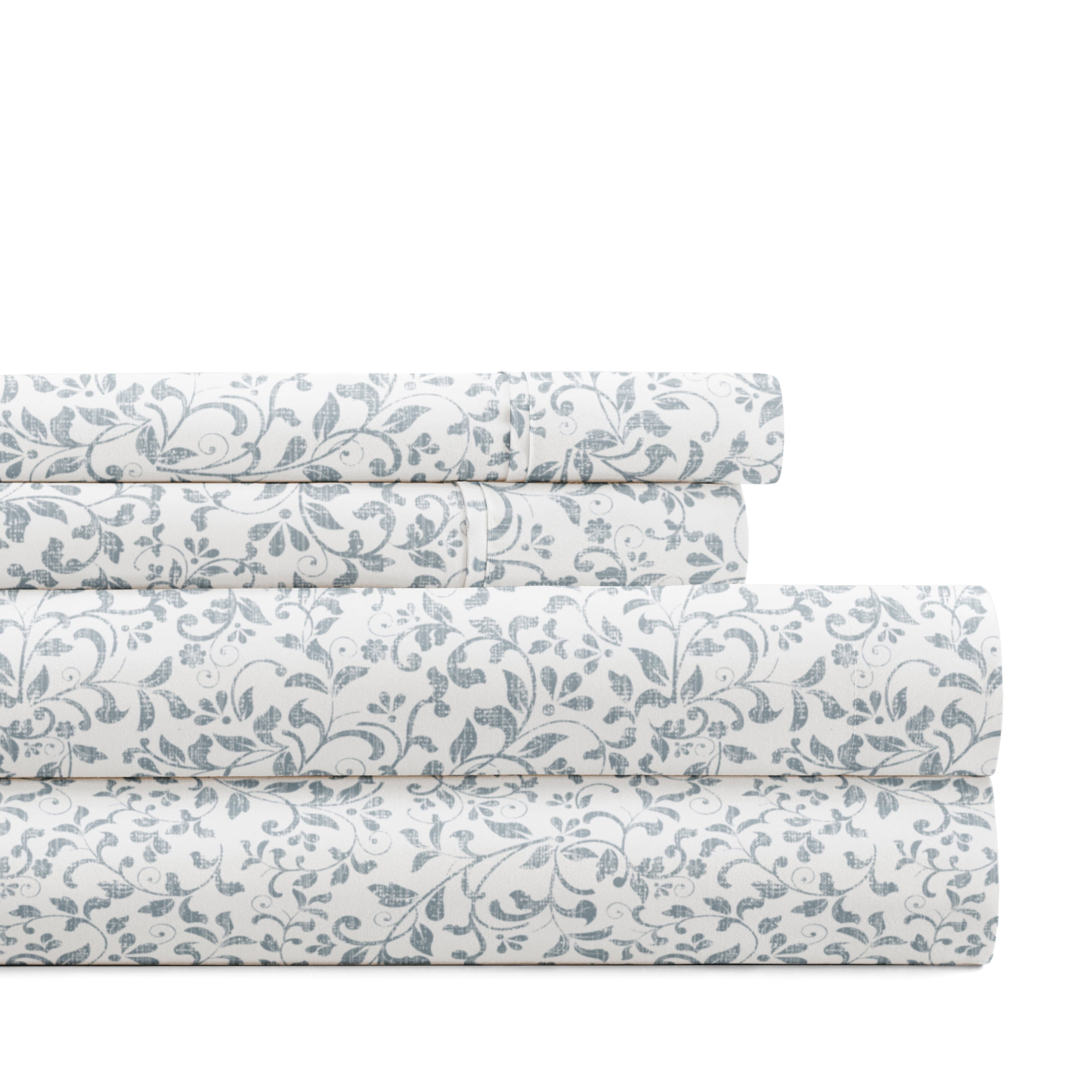 Noble Linens 4 Piece Pattern Microfiber Bed Sheets Set, Distressed Vine Dusty Blue, King