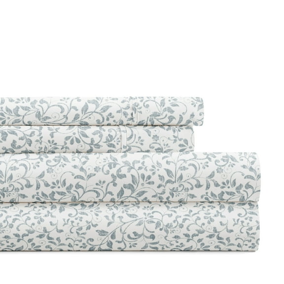 Noble Linens 4 Piece Pattern Microfiber Bed Sheets Set, Distressed Vine Dusty Blue, Twin