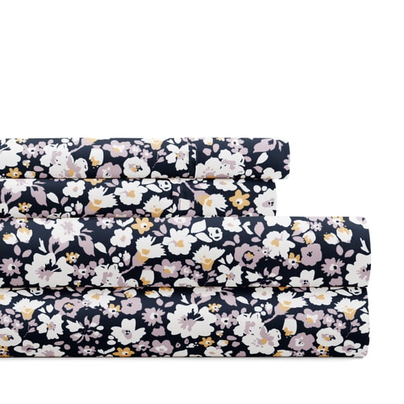 Noble Linens 4 Piece Pattern Microfiber Bed Sheets Set, Floral Dream Navy, Full