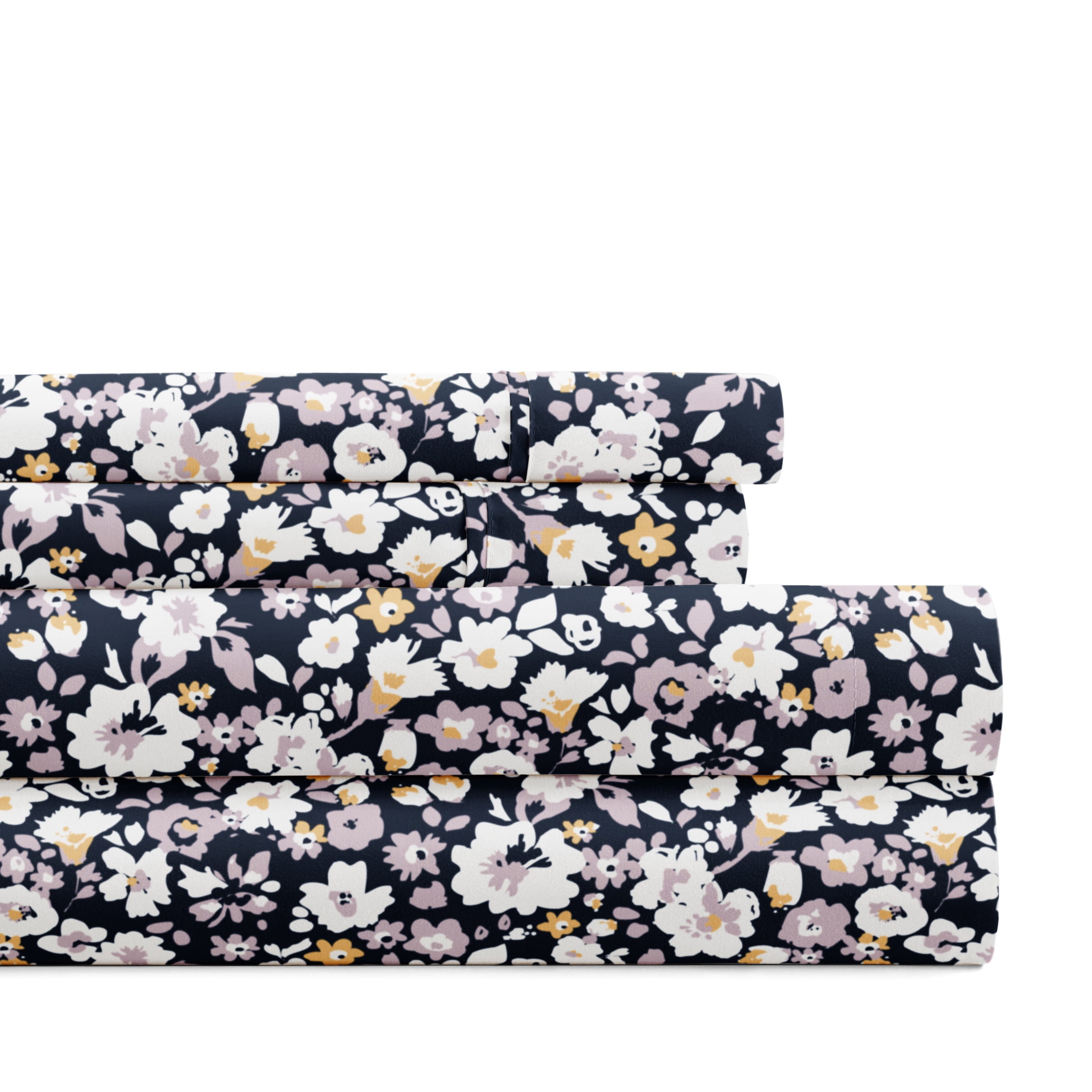 Noble Linens 4 Piece Pattern Microfiber Bed Sheets Set, Floral Dream Navy, King