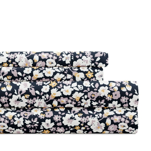 Noble Linens 4 Piece Pattern Microfiber Bed Sheets Set, Floral Dream Navy, King