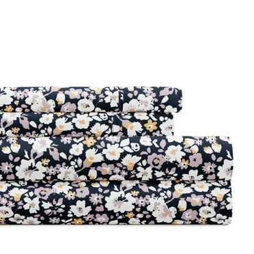 Noble Linens 4 Piece Pattern Microfiber Bed Sheets Set, Floral Dream Navy, Queen