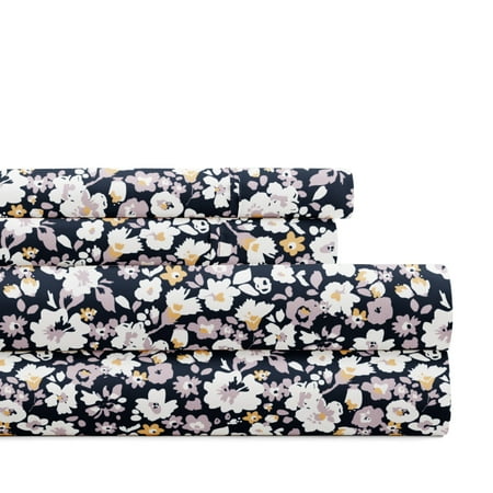 Noble Linens 4 Piece Pattern Microfiber Bed Sheets Set, Floral Dream Navy, Queen