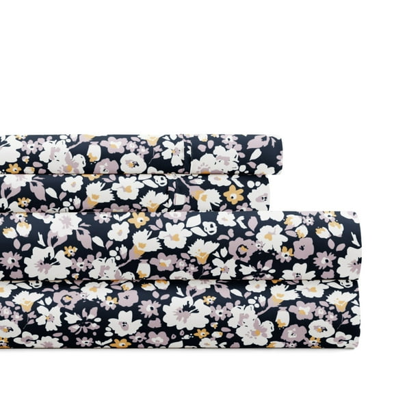 Noble Linens 4 Piece Pattern Microfiber Bed Sheets Set, Floral Dream Navy, Queen