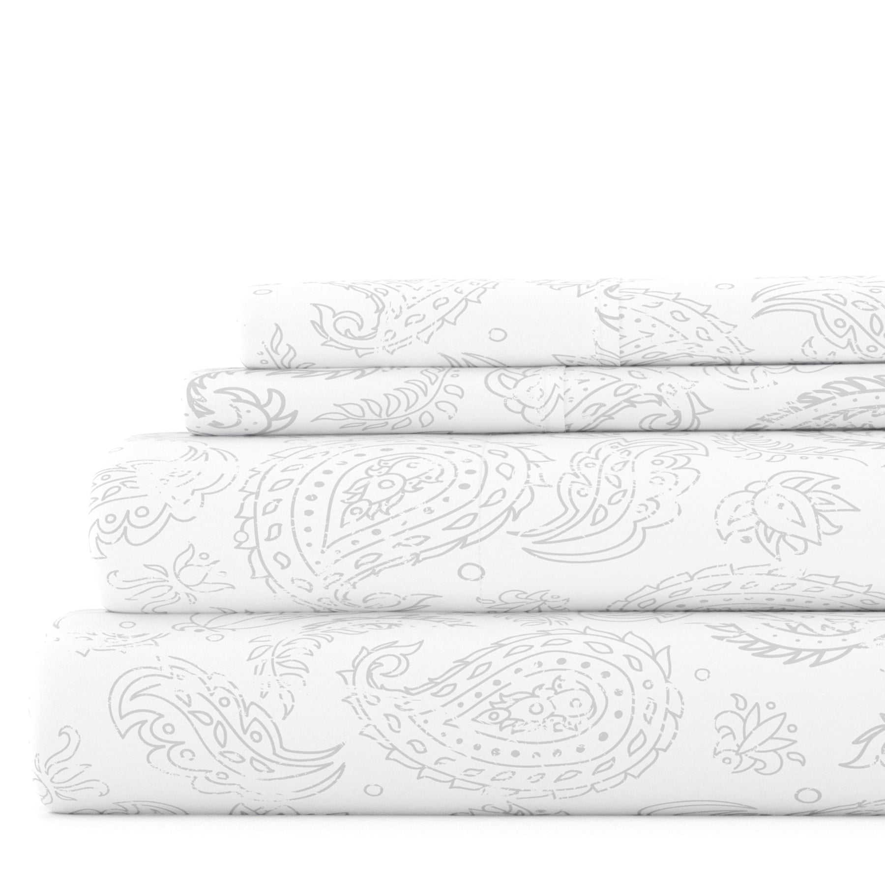 Noble Linens 4 Piece Pattern Microfiber Bed Sheets Set, Gray Coarse Paisley, King