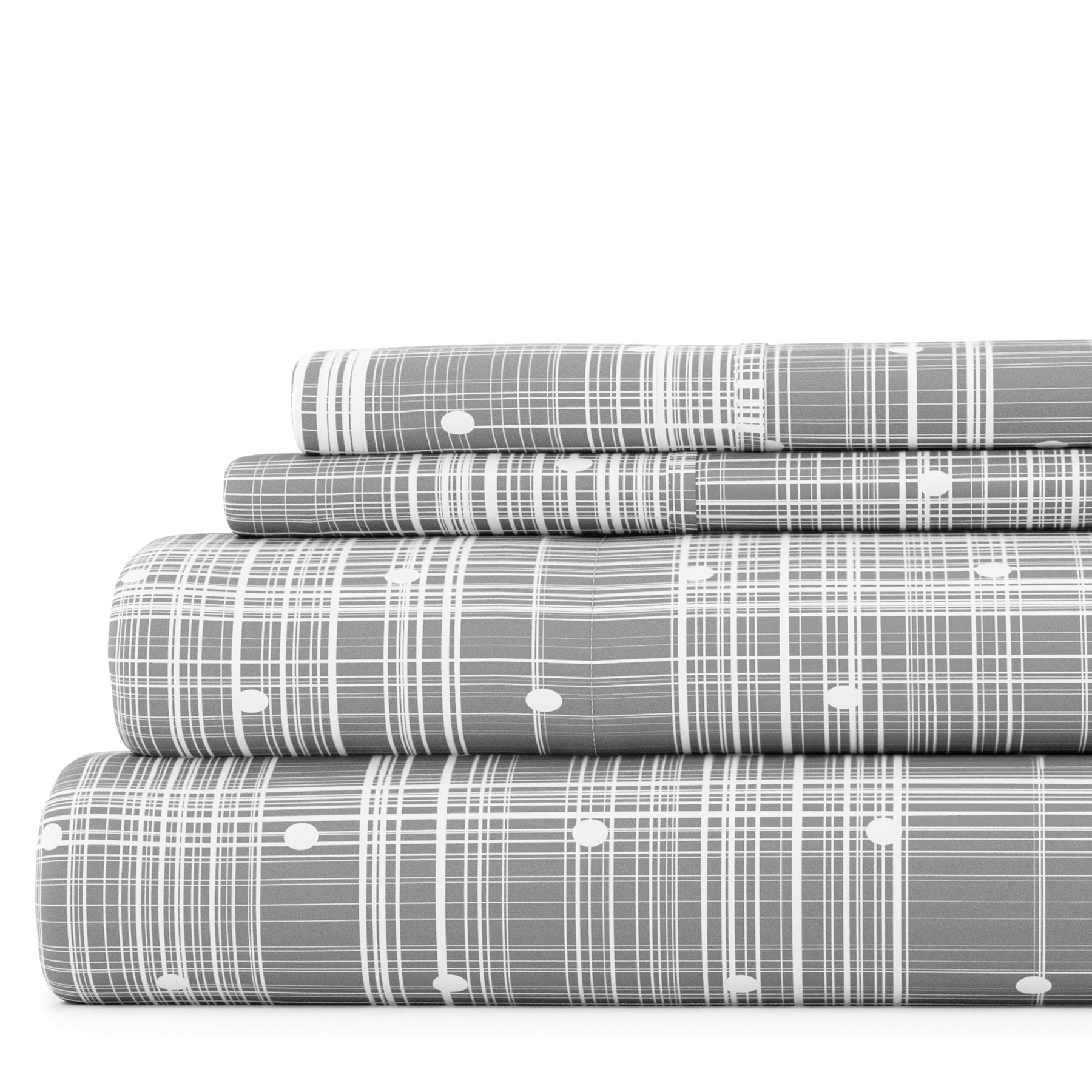Noble Linens 4 Piece Pattern Microfiber Bed Sheets Set, Gray Polka Dot,King