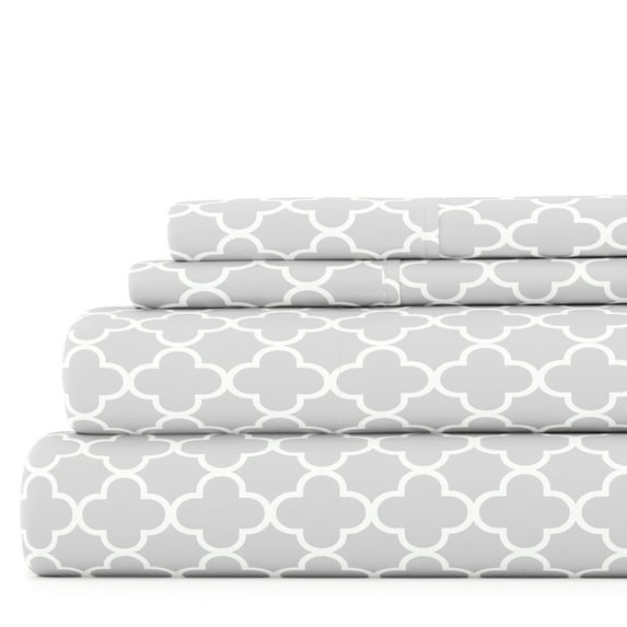 Noble Linens 4 Piece Pattern Microfiber Bed Sheets Set, Gray Quadrafoil, Full