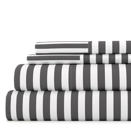 Noble Linens 4 Piece Pattern Microfiber Bed Sheets Set, Gray Ribbon, California King