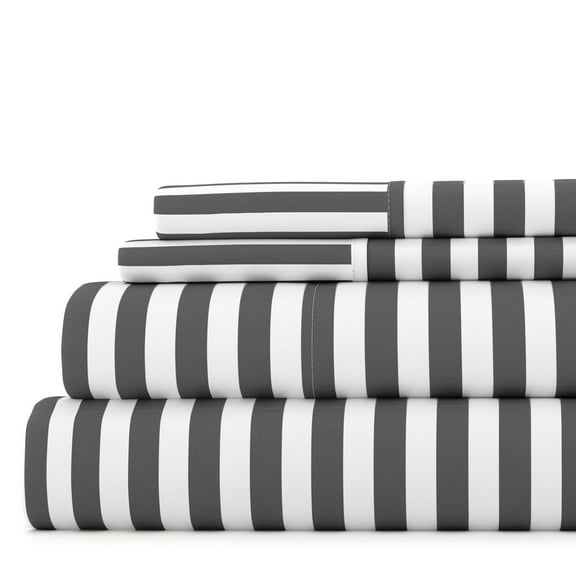 Noble Linens 4 Piece Pattern Microfiber Bed Sheets Set, Gray Ribbon, King