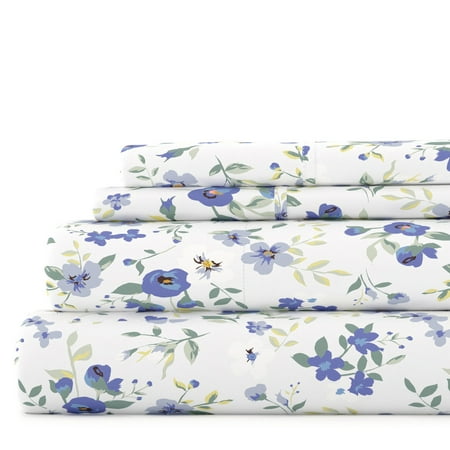 Noble Linens 4 Piece Pattern Microfiber Bed Sheets Set, Light Blue Blossoms, Full