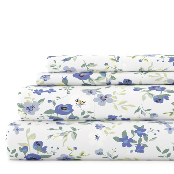 Noble Linens 4 Piece Pattern Microfiber Bed Sheets Set, Light Blue Blossoms, Full