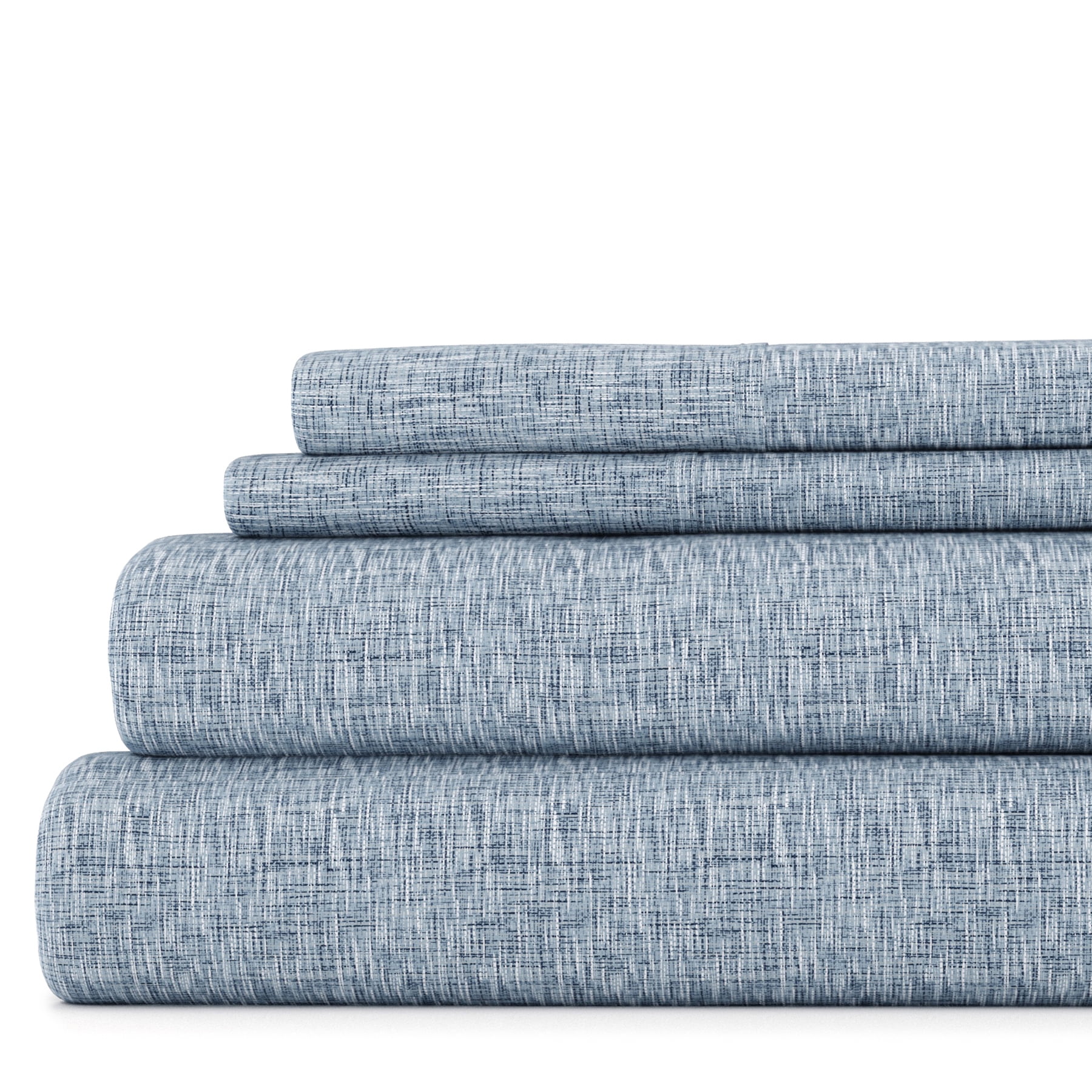 Noble Linens 4 Piece Pattern Microfiber Bed Sheets Set, Light Blue Chambray Style, King