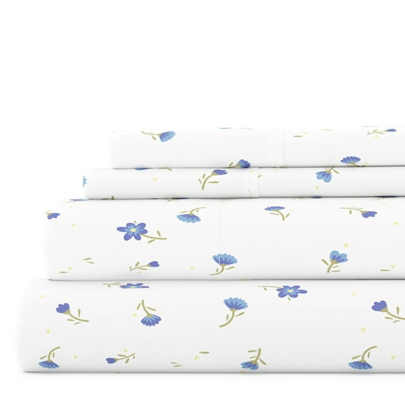 Noble Linens 4 Piece Pattern Microfiber Bed Sheets Set, Light Blue Floral, King