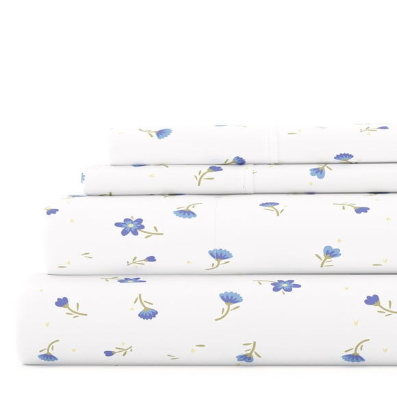 Noble Linens 4 Piece Pattern Microfiber Bed Sheets Set, Light Blue Floral, Queen