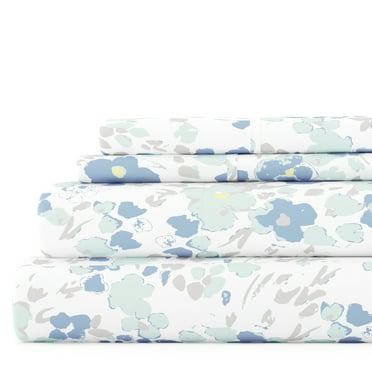 Noble Linens 4 Piece Pattern Microfiber Bed Sheets Set, Light Blue Violets, Queen