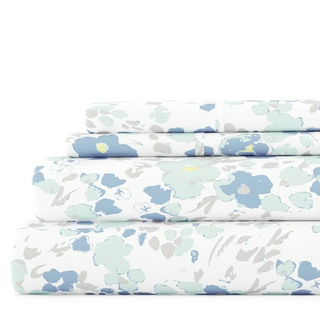 Noble Linens 4 Piece Pattern Microfiber Bed Sheets Set, Light Blue Violets, Queen