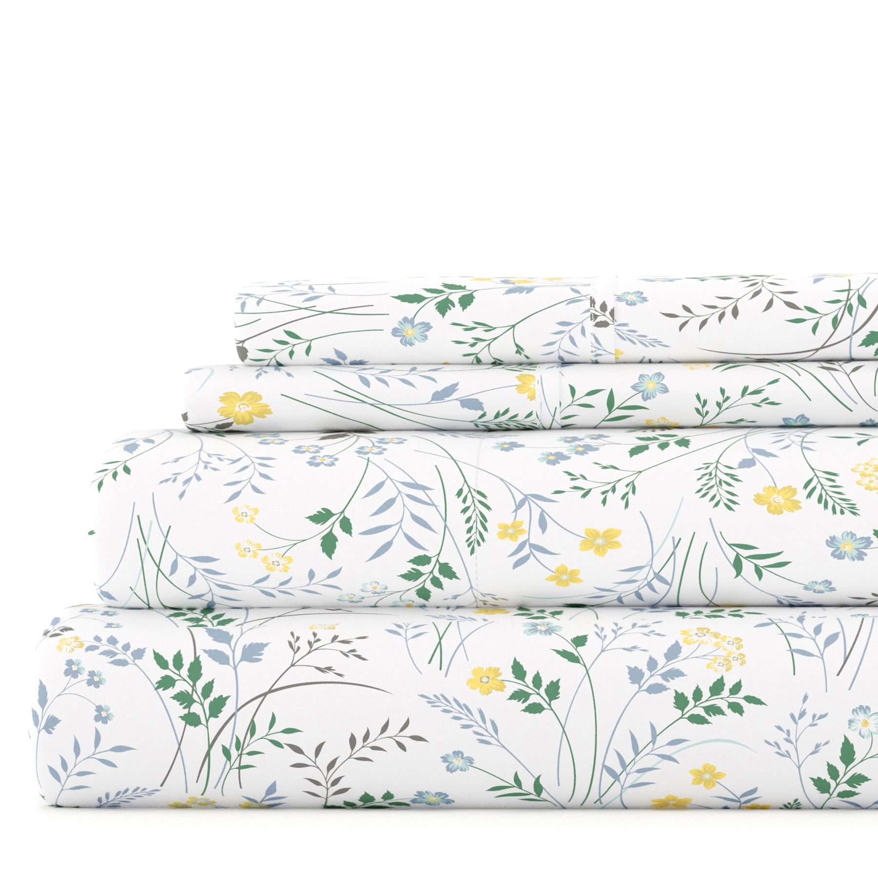 Noble Linens 4 Piece Pattern Microfiber Bed Sheets Set, Light Blue Wildflower, California King