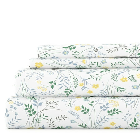 Noble Linens 4 Piece Pattern Microfiber Bed Sheets Set, Light Blue Wildflower, California King
