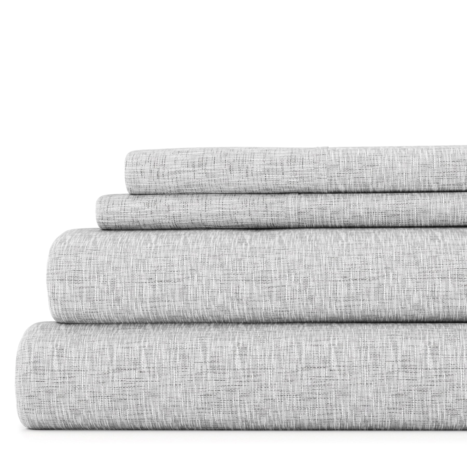 Noble Linens 4 Piece Pattern Microfiber Bed Sheets Set, Light Gray Chambray Style, California King