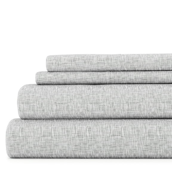 Noble Linens 4 Piece Pattern Microfiber Bed Sheets Set, Light Gray Chambray Style, Queen