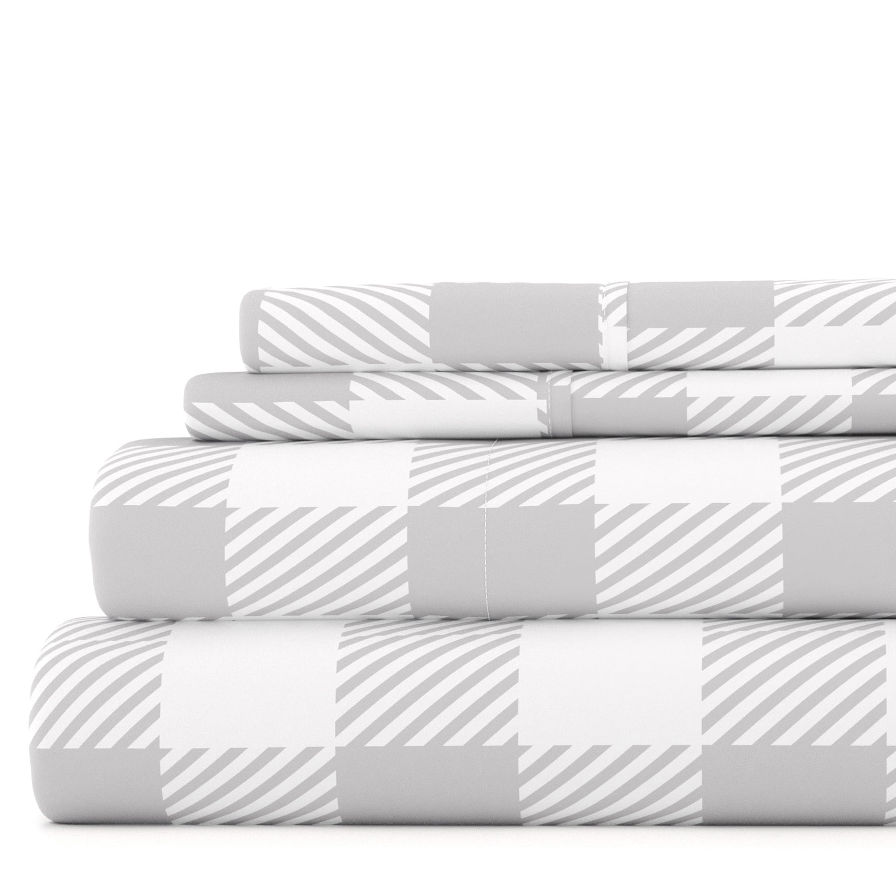 Noble Linens 4 Piece Pattern Microfiber Bed Sheets Set, Light Gray Country Plaid, California King