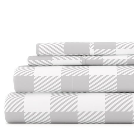 Noble Linens 3 Piece Pattern Microfiber Bed Sheets Set, Light Gray Country Plaid, Twin