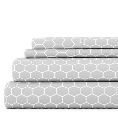 Noble Linens 4 Piece Pattern Microfiber Bed Sheets Set, Light Gray Honeycomb, California King
