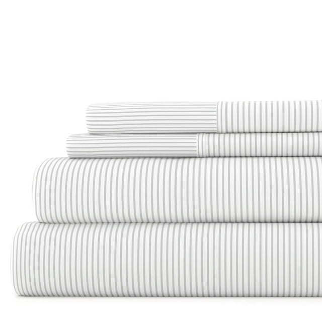 Noble Linens 4 Piece Pattern Microfiber Bed Sheets Set, Light Gray Pinstriped, California King