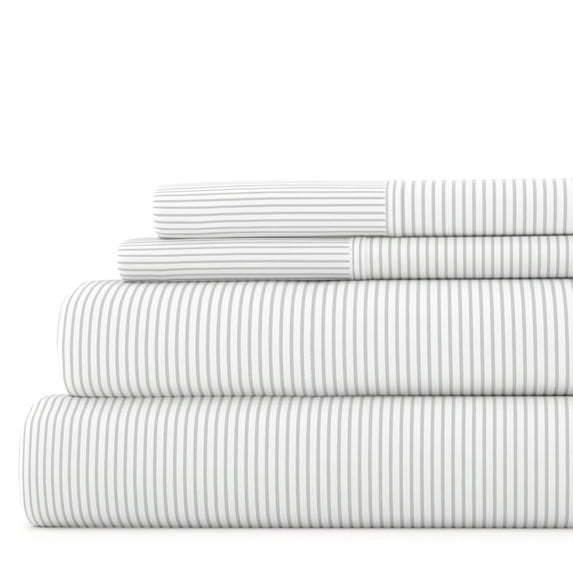 Noble Linens 4 Piece Pattern Microfiber Bed Sheets Set, Light Gray Pinstriped, Queen