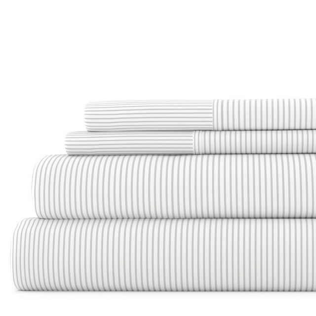 Noble Linens 4 Piece Pattern Microfiber Bed Sheets Set, Light Gray Pinstriped, Queen