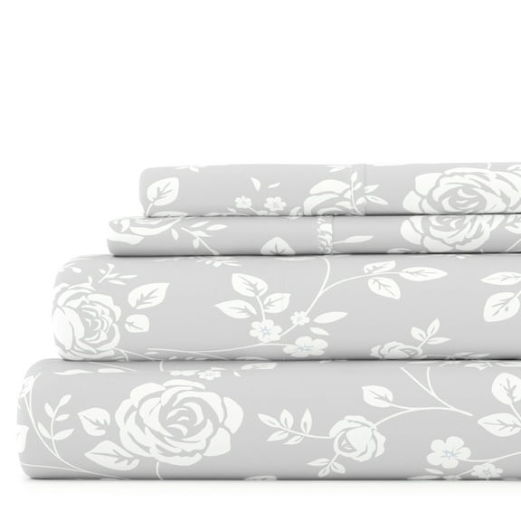 Noble Linens 4 Piece Pattern Microfiber Bed Sheets Set, Light Gray Rose Gray, California King