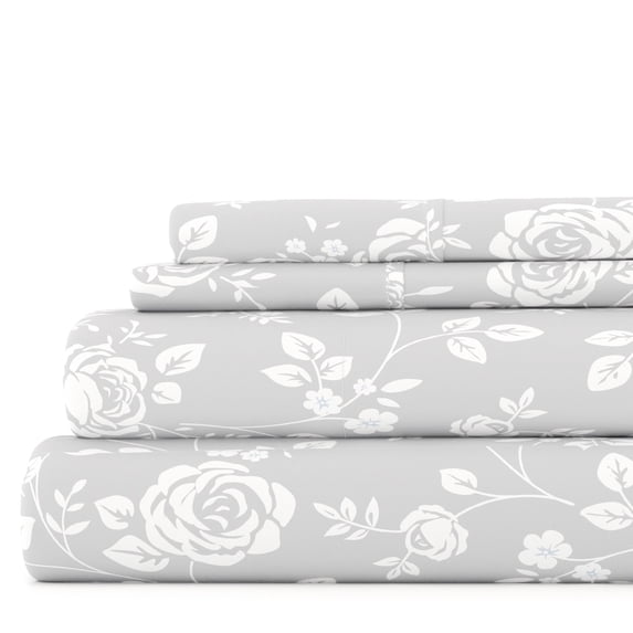 Noble Linens 4 Piece Pattern Microfiber Bed Sheets Set, Light Gray Rose Gray, King